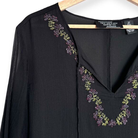 New York City Design Co Black 100% Silk Sheer Floral Trimmed Tunic Women's 2X - Picture 5 of 8